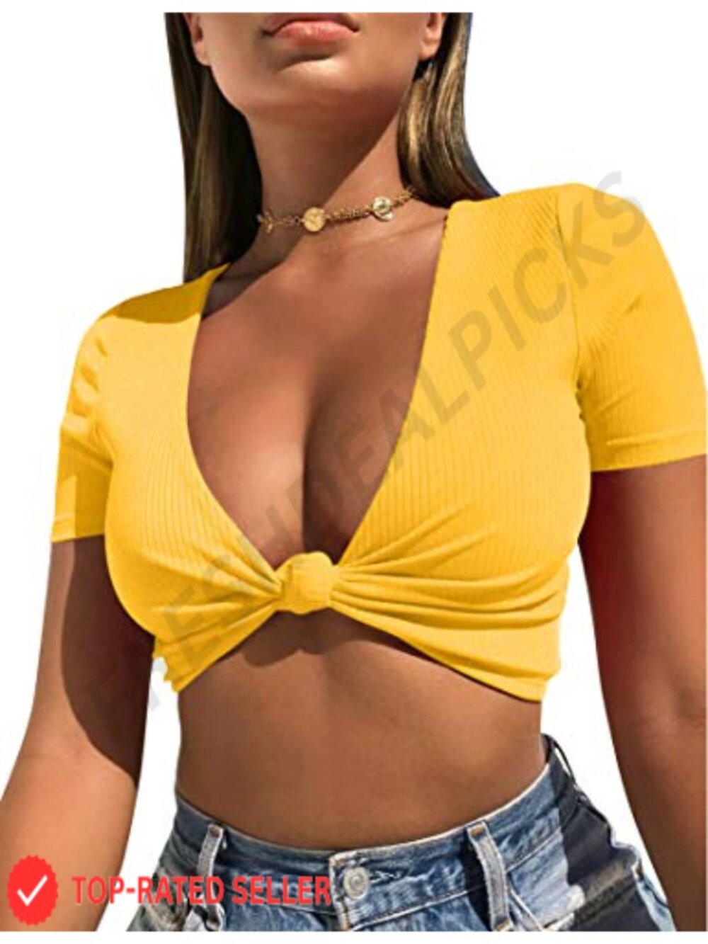 Sexy Tie Front Deep V Neck Short Sleeve Crop Top